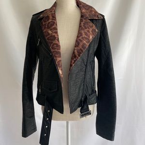 Black Faux Leather Jacket With Cheetah Lining